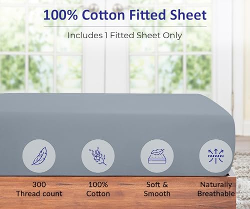 Image of ROYALE LINENS 300 Thread Count 100% Long Staple Combed Cotton Fitted Sheet Queen - Super Soft Deep Pocket Bottom Sheet - Fitted Sheets Only - Elastic Sheets (Queen, Lake Blue)