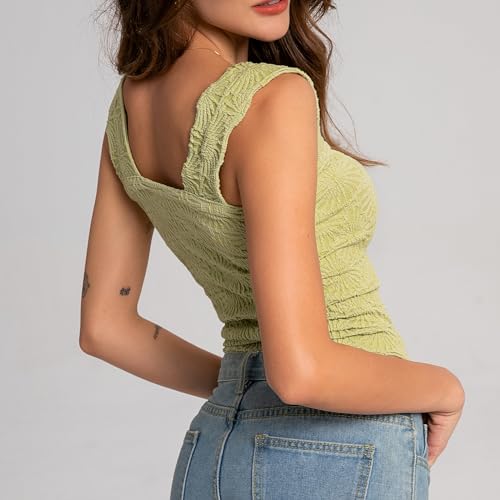 Women's Square Neck Wide Strap Crop Tank Tops Flower Going Out Tops Slim Fit Lettuce Trim Crop Cami Tops