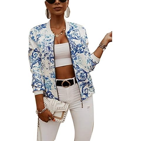 ORANDESIGNE Blumen Reißverschluss Langarm Lässig Blouson Bomber Jacke Fliegerjacke Kurz Damen Mode Blau XS Cover