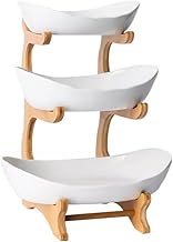 3-Tier Fruit Bowl Stand – Space-Saving Countertop Organizer with White Plastic Bowls & Natural Bamboo Frame | Multi-Purpose Storage Rack for Fruits, Veggies, Snacks | Size: 15×35cm