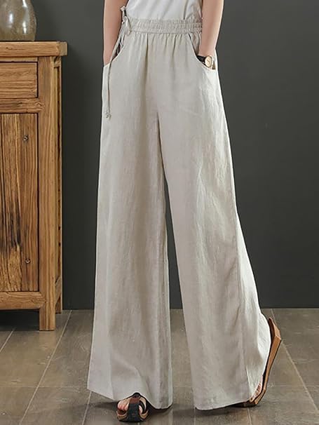 Image of KOTTY Women's Crumble Fabric High Waist Drawstring Wide Leg Trousers with Pockets