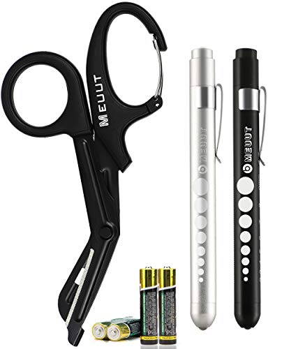 MEUUT 3 Pack Pen light & Medical Shears-Two LED Penlight with Pupil Gauge, One EMT Trauma Scissor with Carabiner-7.5 Bandage Scissor for Nurse Doctor EMT (Black+Silver)