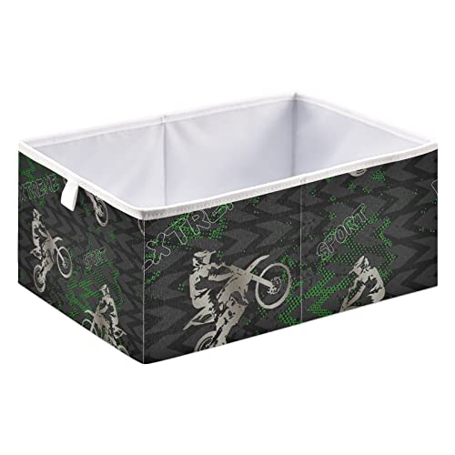 Poeticcity Retro Grey Man on Motorcycle Boys with Motocross On Dark Green Rectangular Storage Basket Bin, Collapsible Storage Box, Foldable Nursery Baskets Organizer for Toy, Clothes Easy to Assemble