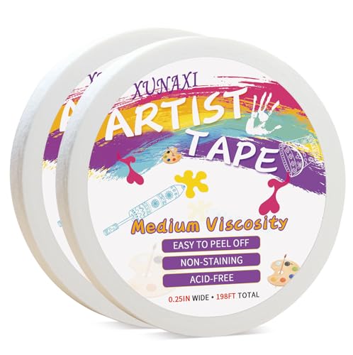 XUNAXI 2 Packs Artist Tape Medium Tack White Art Tape for Watercolor Paper Drafting Art Painting Canvas Framing Acid Free Masking Tape- 0.25IN Wide 197FT Long Total