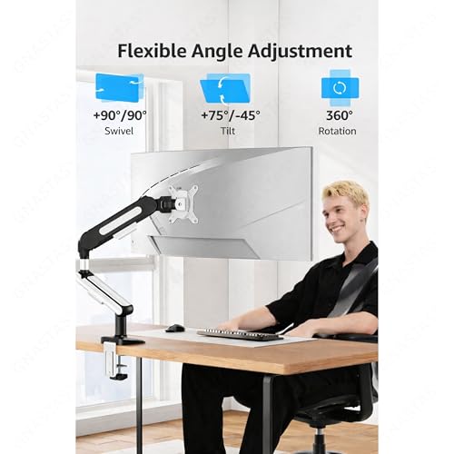 Image of Heavy Duty Single Monitor Arm Monitor Stand Gas Spring Desk Mount for 17-42 Inch Screens, Fully Adjustable, 2-12 kg, VESA 75x75 & 100x100 mm, C-Clamp & Grommet Base, Black & White