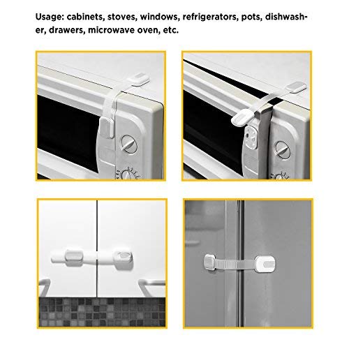 GAGAKU 8 Count Child Safety Locks Adjustable Strap Latches for Cupboard Door Fridge Push Fasten No Drilling or Tools - White