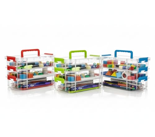 Image of plastic boxes for Storage transparent boxes for storage, Portable & Stackable Space Saving Organiser with Lid for Medicine, Jewelry, Arts & Crafts, Buttons, Beads (Green, 4 TIER WITH 1 TRAY)