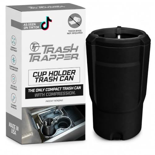 Trash Trapper Car Trash Can Cup Holder | Mini Car Trash Can | Fits in Most Doors | 5.1 x 2.9 | Traps More & Empties Less Patent-Pending Compaction Holds Weeks of Small Garbage Black/Grey