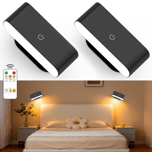Lacasa Lampada da Parete Interno, 2 Pack LED Applique da Parete Senza Fili con Telecomando, 3 Modalità Ricaricabile Applique Controllo Touch, Dimmerabile Rotazione a 360° Luce di Lettura per Soggiorno