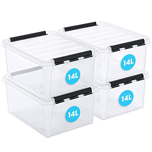 SmartStore - Lot de 4 boîtes de rangement en plastique transparent de 14L avec couvercle, renforcées, qualité alimentaire, verrouillables, empilables et emboîtables, sans BPA, 40 x 30 x 18 cm Cover