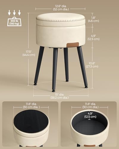 Image of VASAGLE Storage Ottoman, PU Leather Round Seat with Steel Legs | Vanity Chair Stool, with Stitching, Transitional, Loads 150 kg, Cream White and Ink Black, EKHO Collection ULOM005W01