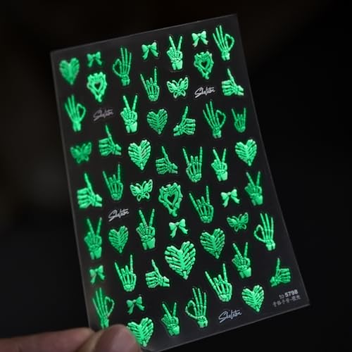 Image of Human Skeleton Nail Stickers Luminous Fluorescent Nail Art Stickers 5D Embossed Self Adhesive with Bones of Hand Design Goth Nails Decals for Women Manicure Decoration