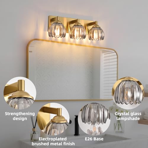 Image of Bathroom Vanity Light Fixtures, 3-Light Brushed Gold Bathroom Light Fixtures Over Mirror, Antique Wall Lights with Smoke Gray Glass Tulip Light Shade for Mirror, Kitchen, Hallway, Cabinet, Porch