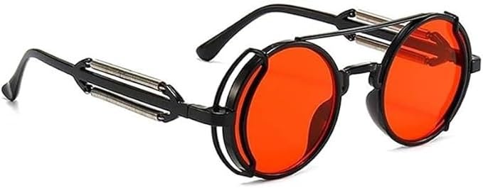 DPWOUM 1Pc Red Retro Steampunk Sunglasses Vintage Style Sun Glasses Round Metal Frame Circle Glasses Street Shot Eyewear Unisex Cool Sun Glasses Gifts
