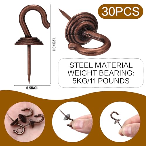 Image of Hotop 60 Pieces Push Pin Wall Hooks Metal Thumb Tack Hangers Iron Alloy Nail Decorative Picture Hooks for 20 Lbs Home Office School Party Supply (Red Bronze)