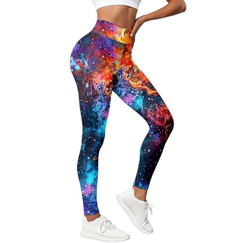Galaxy Leggings Damen, Galaxie Leggins Galaxy Kostüm Bunte Bedruckte Hosen Große Größen Sportleggins Stretch Sport Yogahose Planeten Weltall Kostüm für Karneval Cosplay, S-4XL