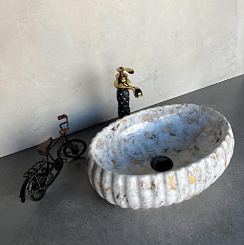 Image of Designer Glossy Finish Table Top Ceramic Wash Basin Vessel Sink | Collapsible Wash Basin (White-Gold - 20 x 14 x 5.5 Inch)