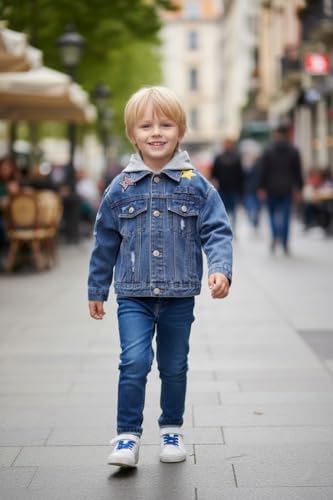 Image of Volunboy Toddler Hooded Denim Jackets Boys Spring Fall Ripped Jean Coat with Hood Long Sleeve Button Down Casual Outerwear