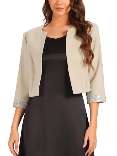 Allegra K Blazer con Frente Abierto para Mujer, Blazer Corto sin Cuello de Media Manga Beige XL