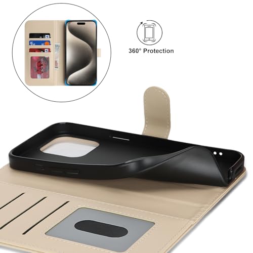 Image of for iPhone 15 Pro Max Case Wallet with Card Holder,for iPhone 15 Pro Max Wallet Case for Women Men,PU Leather Shockproof Magnetic Buckle Stand Flip Phone Case-Beige
