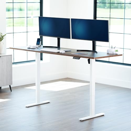 Image of VIVO Rustic Vintage Brown 83 x 30 in Standing Desk, DESK-KIT-1W8N | Electric, Holds 220 lbs, Sit Stand, Height Adjustable, Extra Deep Table Top, Memory Presets, 1B Series, White Frame