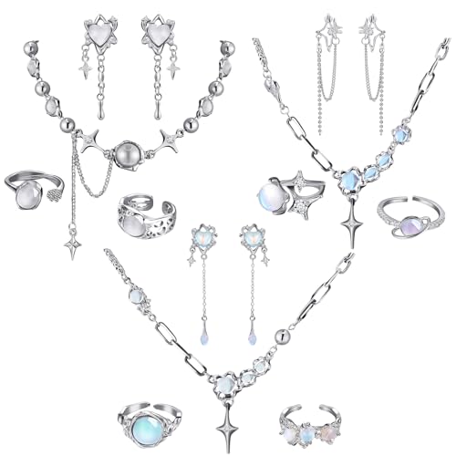 Tondiamo 12 Pcs Y2k Silver Necklace Jewelry Set Y2k Star Earrings Moonstone Accessories Irregular Pendant Earrings Dangling Silver Adjustable Rings Aesthetic Indie Crystal Jewelry Gift for Women
