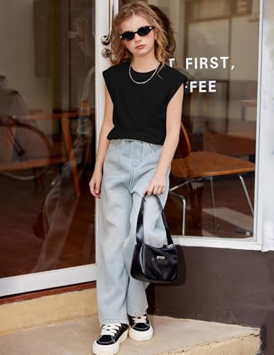 Image of Arshiner Girls T Shirts Cap Sleeves Casual Summer Tops Crewneck Tank Loose Fit Fashion Blouse Tee