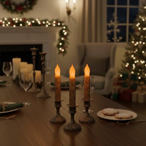 Image of 6PCS Primitive Taper Candle with Timer Remote Control,Real Wax Hand Dipped Rustic Flameless Candles Battery Operated for Halloween Christmas Country Home Decor Church