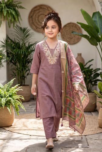 Image of Girls Cotton Blend Embroidered Kurta Pant with Printed Banarasi Style Dupatta Set | Festive Ethnic Wear for Kids | Traditional Suit Set for Girls (4-14Years)