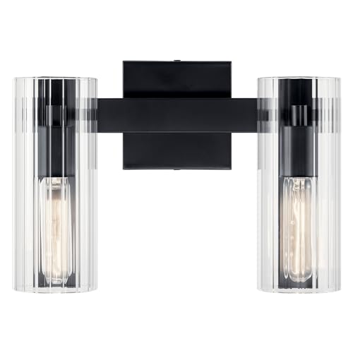Image of Kichler Jemsa 2-Light Bathroom Vanity Light Fixture with Clear Fluted Glass in Black, Modern Wall Mount Light for Bathroom or Powder Room (9.75 inch x 13.75 inch), 55167BK