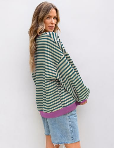Image of UEU Women Oversized Striped Crewneck Sweatshirt Long Sleeve Color Block Pullover Tops Casual Loose Workout Shirt