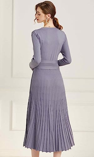 Image of Women's Long Sleeve Sweater Dress Ankle Length Fall Dress Vneck Knit Winter Dress