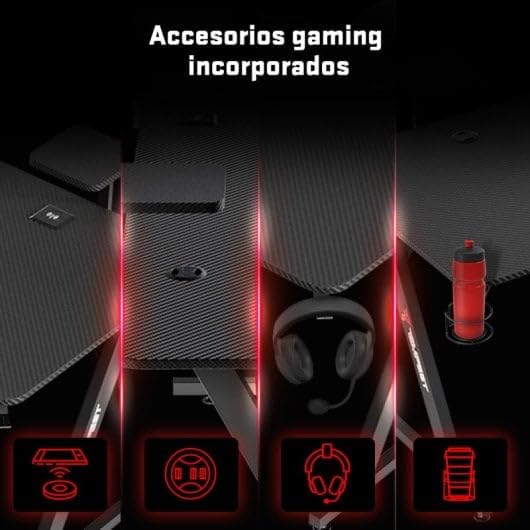 Tempest Sanctuary Mesa Gaming 160x75cm, Superficie Fibra de Carbono, RGB, Cargador Qi, USB Hub, Negra