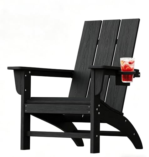 Poly Lumber Adirondack Chair with Cup Holder, All-Weather Resistant Outdoor Patio Chairs, Look Like Wood, Pre-Assembled Outdoor Fire Pit Chair for Pool, Deck, Backyard, Garden, Black