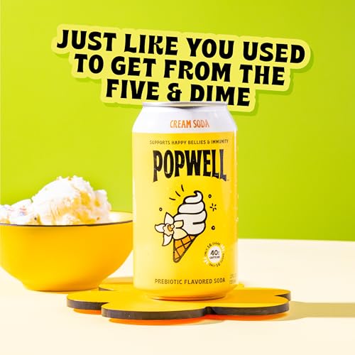 Image of Popwell Cream Soda Caffeinated Better-For-You Prebiotic Soda, with 6g Fiber, 1g Sugar, Vitamins and Immunity Support, 12 fl oz Cans (pack of 12)