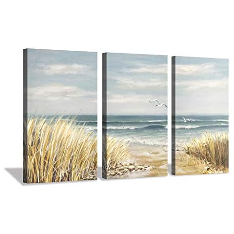 Hardy Gallery Abstract Beach Painting Wall Art: Seashore Artwork Hand Painted Coastal Picture on Canvas for Office (20'' x 34'' x 3 Panels) Cover