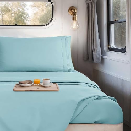 Nestl Light Blue Short Queen Sheets for RV, Hotel Luxury RV Queen Sheets Set, 4 Piece Fitted Bed Sheet Set and Pillowcases, Super Soft, Wrinkle-Free, and Breathable Camper Bedding