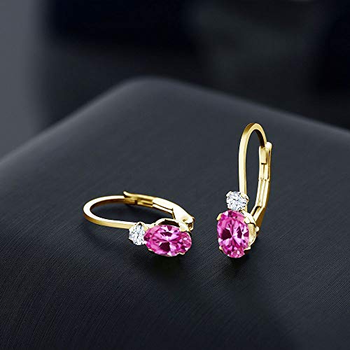 Gem Stone King 14K Yellow Gold Pink Created Sapphire and White Created Sapphire Leverback Earrings For Women | 1.08 Cttw | Gemstone September Birthstone | Oval 6X4MM, Round 2MM | 3/4 Inch3