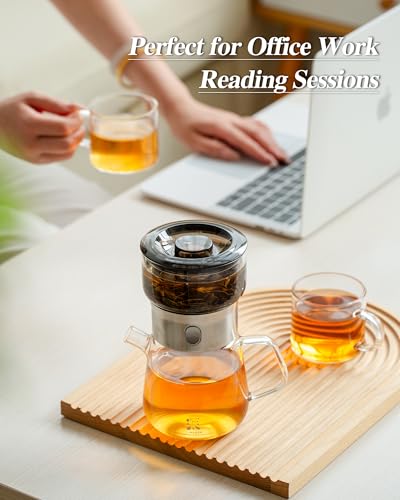 Image of ZENS Modern Glass Tea Infuser Teapot Set, Smart One Touch Tea Maker for Loose Tea Diffusers with 2 Gongfu Cups, Cool Enchanted Tea Pot Alternatives for Black Tea Lovers Gifts-400ml