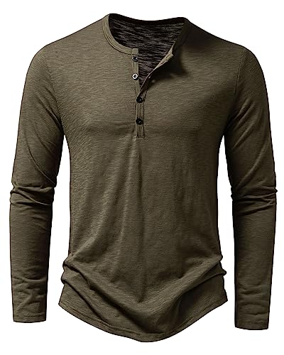 Hemd Herren Henley Shirt Sommerhemd Langarm Freizeithemd Leicht Casual Slim Fit Strand T-Shirt-Z-Armee Grün-M