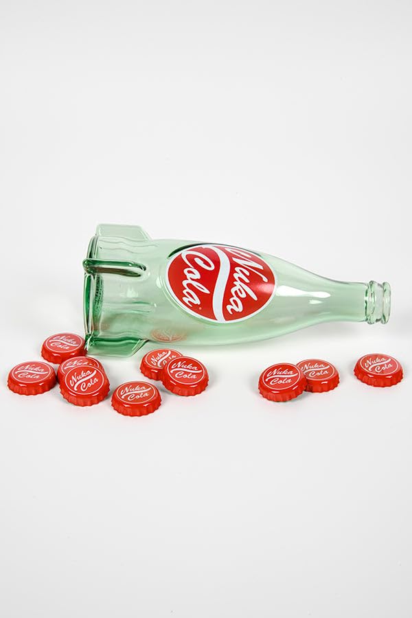 Renaissance Collectibles Fallout Nuka-Cola Glass Bottle + 10 Bottle Caps Tin Rocket Statue Figure