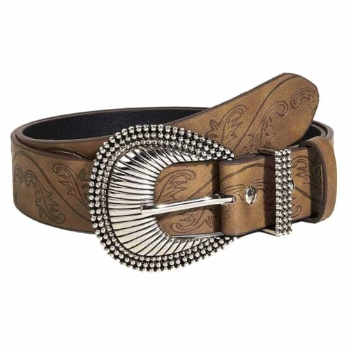 Yalice Women Western Belts for Jeans Brown Cowgirls Belt with Vintage Buckle Cowboys Country Leather Belt for Men