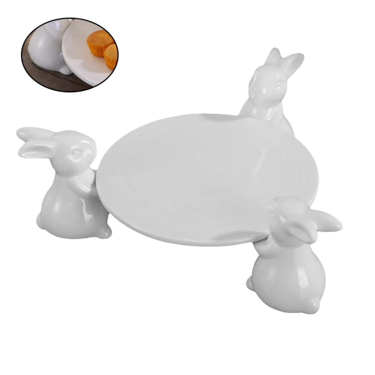 Soporte para Tartas de Cerámica Blanco Diseño de Tres Conejos, Bandeja Redonda para Mostrar Dulces y Chocolates en Bautizos y Navidad