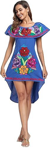 Image of YZXDORWJ Women's Mexican Asymmetrical Dress Embroidered Floral Off-Shoulder Cocktail Latina Fiesta Dress