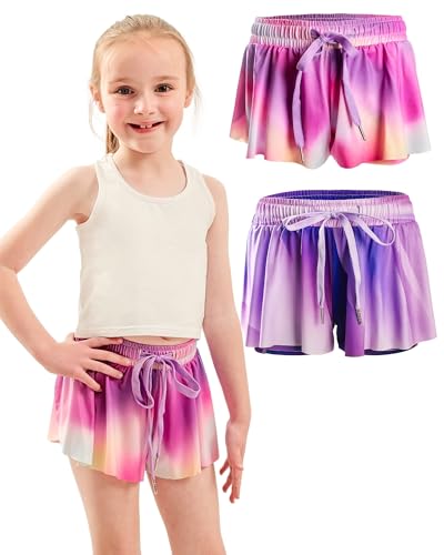 Dancina Girls Ombre Butterfly Shorts - Flowy Athletic 2-in-1 Preppy Skorts with Inner Pockets and Liner for Kids Ages 2-16