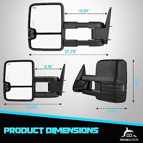 Image of WHALEMOTOR Smoked Heated Tow Mirrors Compatible with 2003-2006 Chevy Silverado GMC Sierra 1500 2500 3500, Extended Trailer Towing Side Mirror w /Backup Light, Tahoe Suburban Avalanche Yukon Escalade