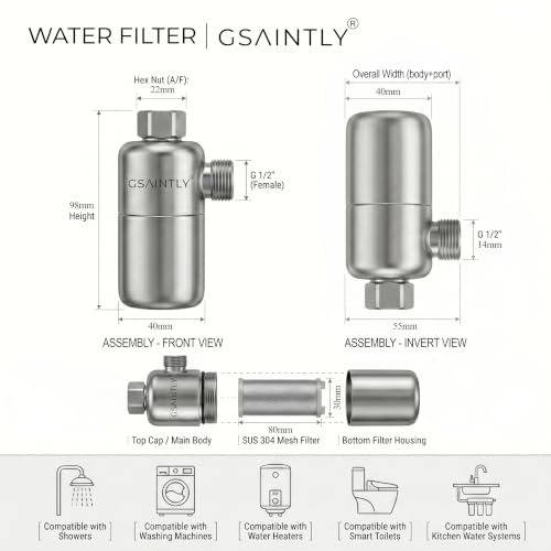 Image of Reusable Water Filter, 304 SS Sediment Filter for Bathroom Water Heater, Washing Machine, Dishwasher & Shower Faucet | Screen Filter with Leak-Proof Gasket | G 1 /2'' Thread (Side Outlet)