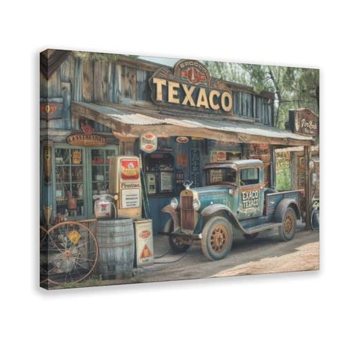 Vintage Texaco Gas Station Print, Rustic Old Truck Wall Art,
