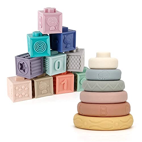 Image of Mini Tudou Baby Blocks & Stacking Rings Toy Set, Baby Sensory Building & Teething Toys Educational Squeeze Play with Animals Shapes Textures Numbers, Holidays for Toddlers Babies 6m+