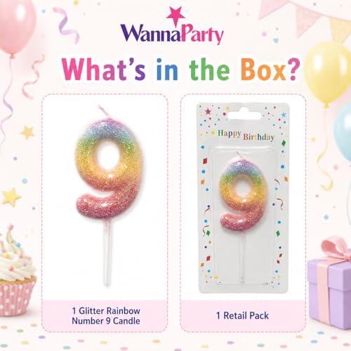 Image of Wanna Party Glitter Colorful 9th Birthday Candle, Birthday Number 9 Cake Candle Cake Toppers for Girl Women, Glitter Colorful Themed Party Decorations Supplies Birthday Gifts